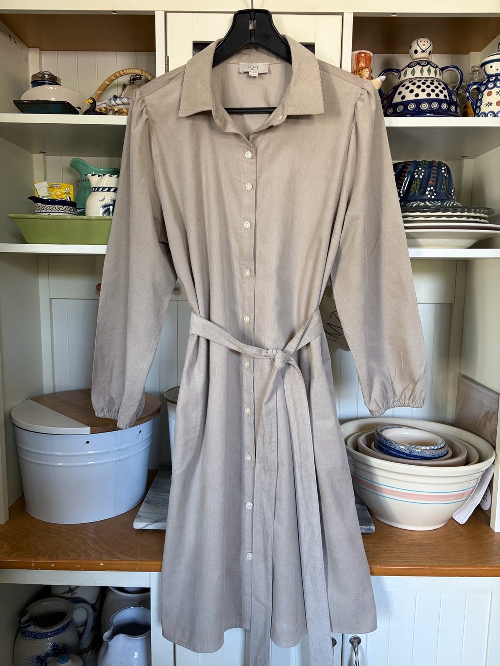 LOFT Shirt Dress Large Khaki Tan Corduroy Long-Sleeve Button-Front w/ Tie Waist